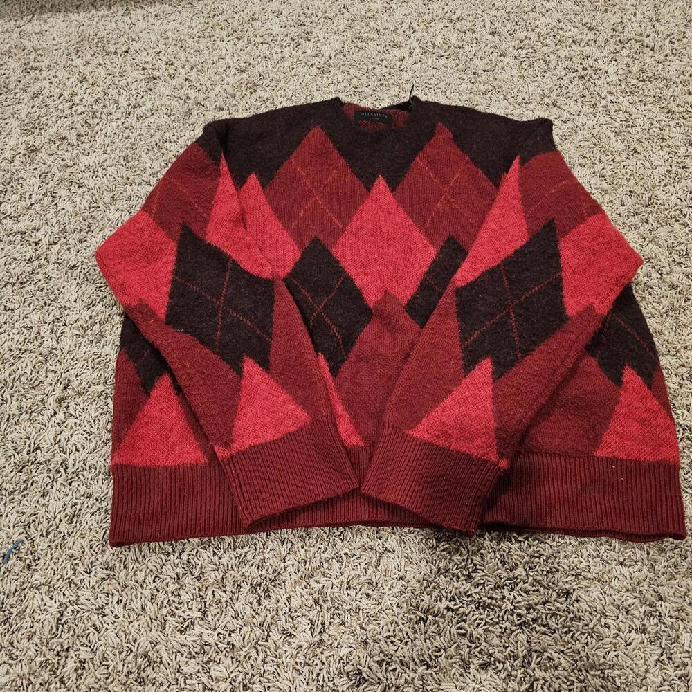 AllSaints Sweater Mens XL‎ Red Argyle Crewneck Knit Pullover Diamond Pattern